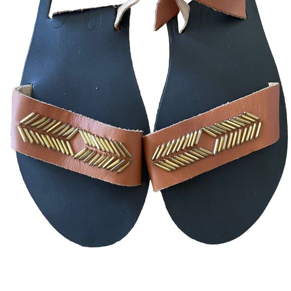 Sseko Women Sz 5 Brown Leather Sarah Sandals Gold Chevron Beads Ankle Wrap - Picture 4 of 5